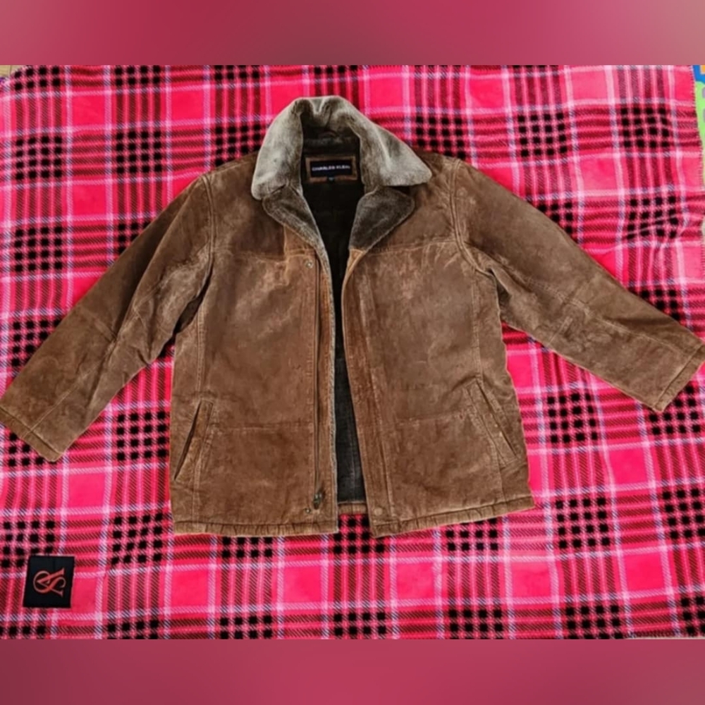 Charles Klein Men's Brown Leather Suede Jacket w Faux Fur Collar